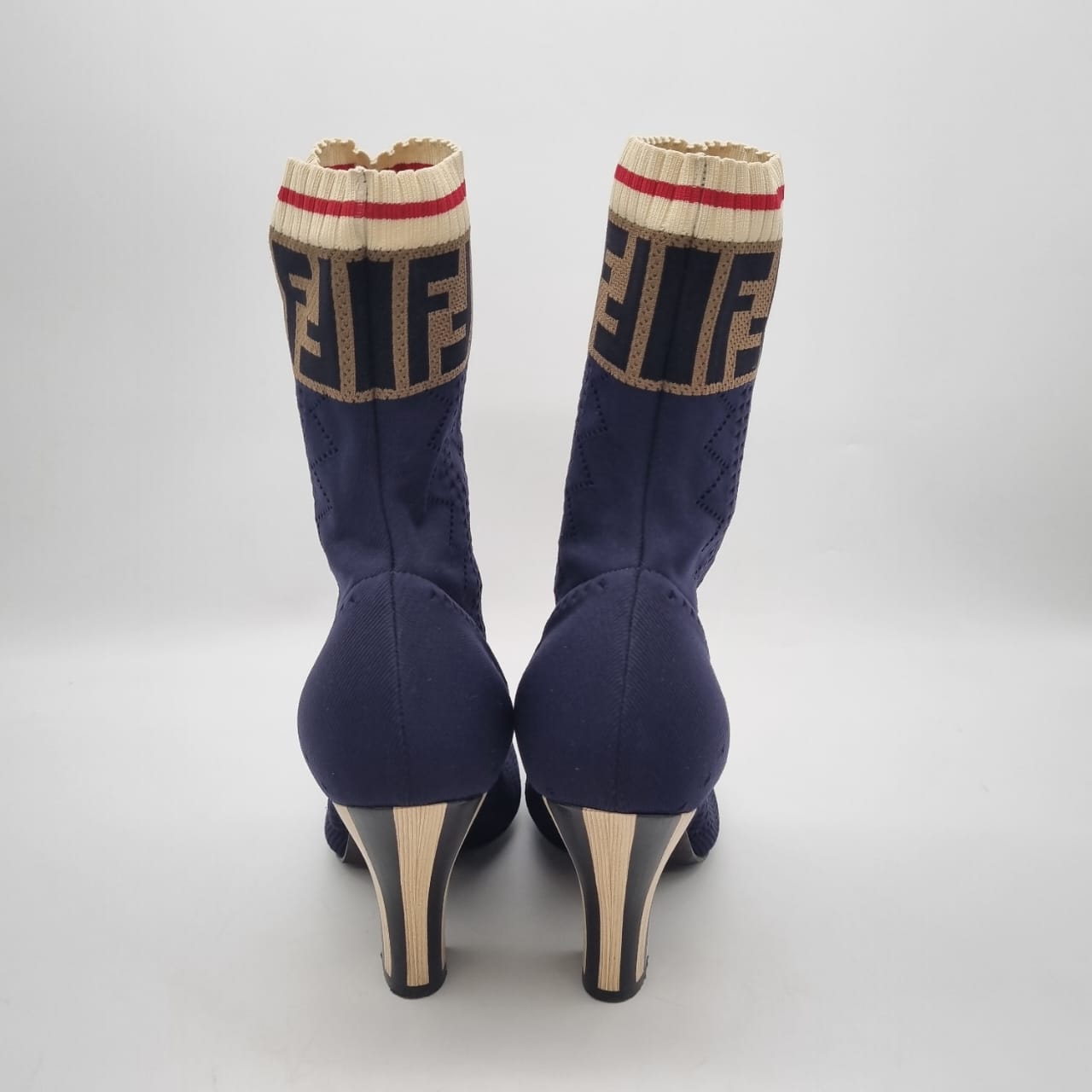 Fendi Rockoko Sock Knit Ankel Boots Navy Logo Size 38/26