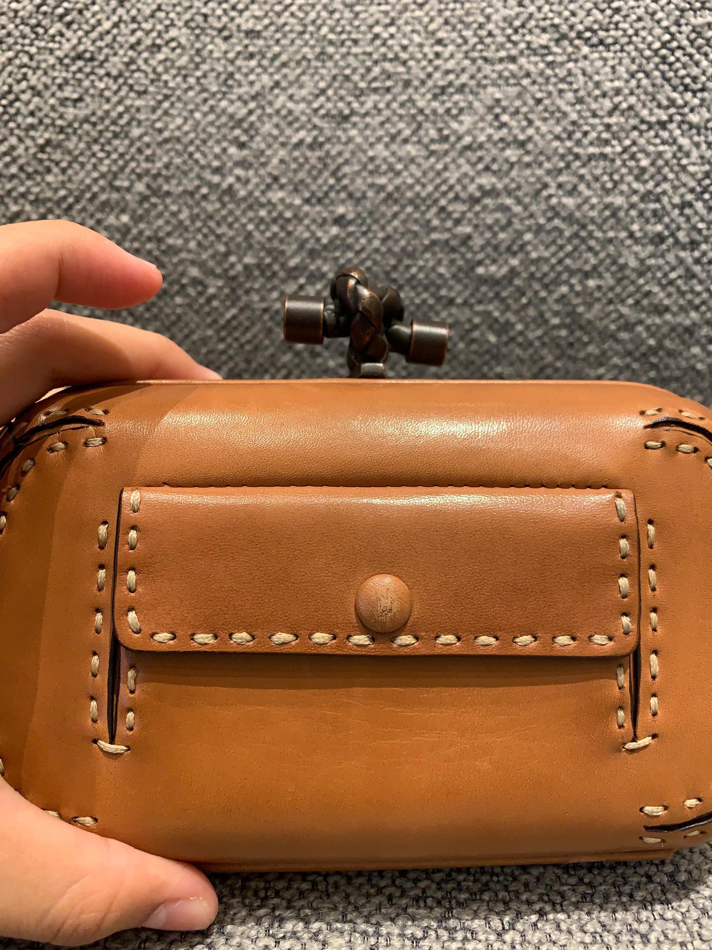 Bottega Veneta Brown Leather Stitched Pocket Knot Clutch Size 15x5x9