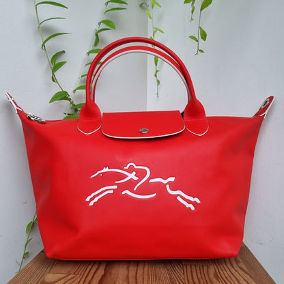 Longchamp Le Pliage Cuir Jockey Medium Short Handle Red Size 37x18x23