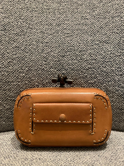 Bottega Veneta Brown Leather Stitched Pocket Knot Clutch Size 15x5x9