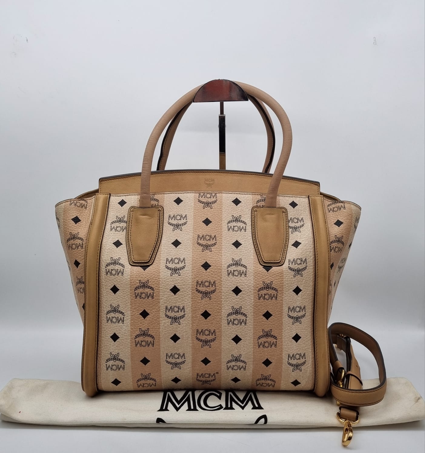 MCM Visetos Logo Leather Tote Beige Size 31x13x32