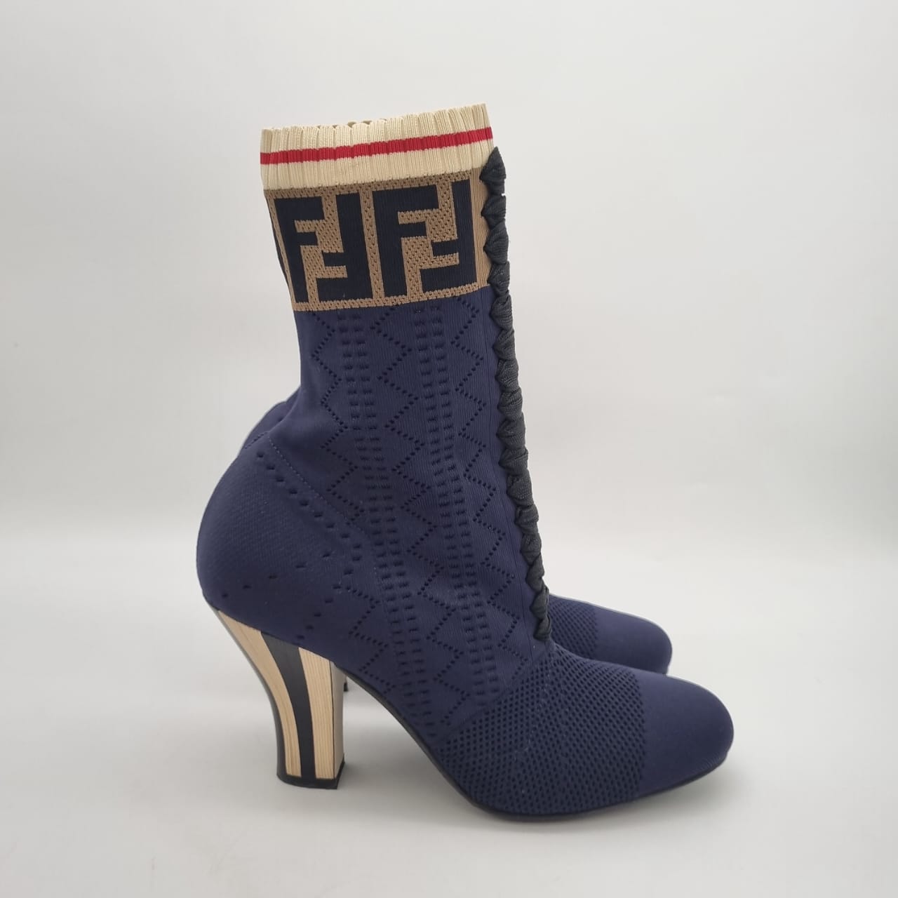 Fendi Rockoko Sock Knit Ankel Boots Navy Logo Size 38/26