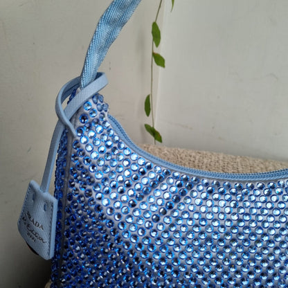 Prada Re Edition Crystal Embellished Satin Blue Size 22x6x16