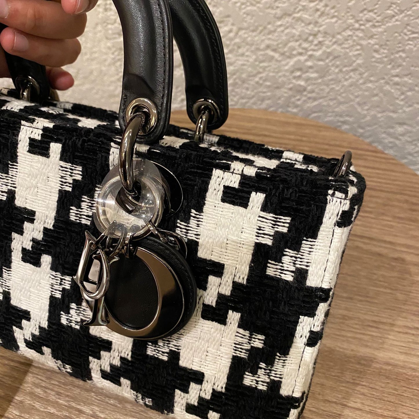 Dior Lady Dior D'joy Houndstooth Tweed Medium Black White SHW 2022 Size 26x5x14