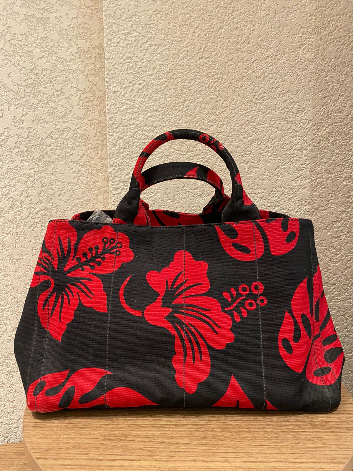 Prada Canapa Shopping Tote Floral Canvas Black Red Size 36x33x22