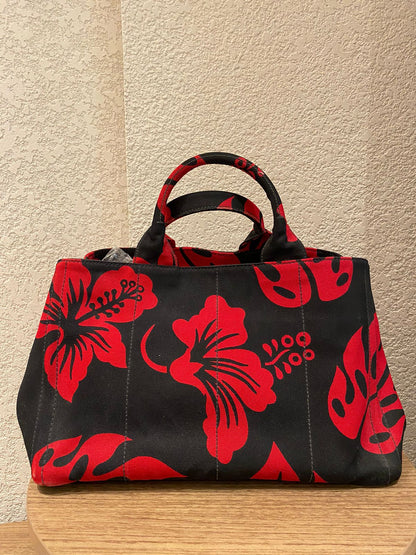 Prada Canapa Shopping Tote Floral Canvas Black Red Size 36x33x22
