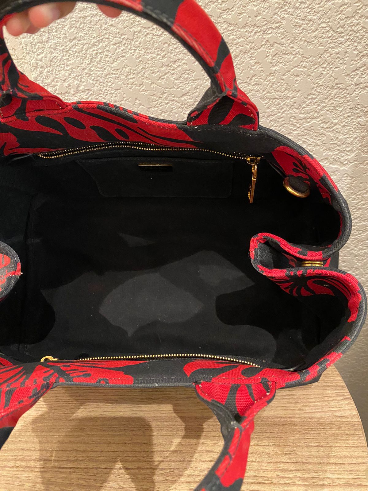 Prada Canapa Shopping Tote Floral Canvas Black Red Size 36x33x22