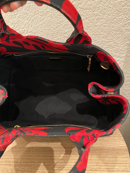 Prada Canapa Shopping Tote Floral Canvas Black Red Size 36x33x22