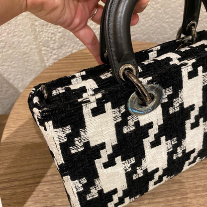 Dior Lady Dior D'joy Houndstooth Tweed Medium Black White SHW 2022 Size 26x5x14