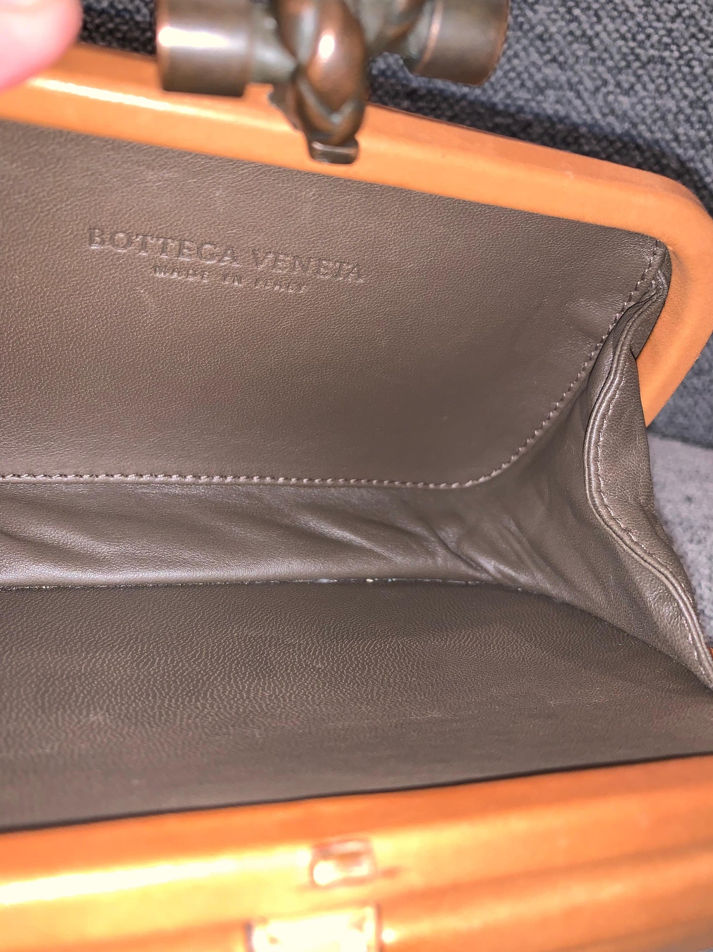 Bottega Veneta Brown Leather Stitched Pocket Knot Clutch Size 15x5x9