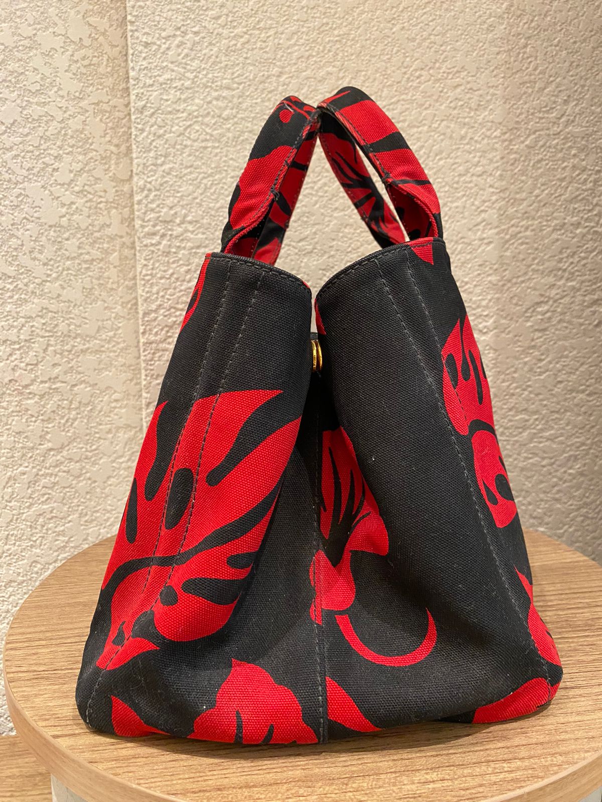 Prada Canapa Shopping Tote Floral Canvas Black Red Size 36x33x22