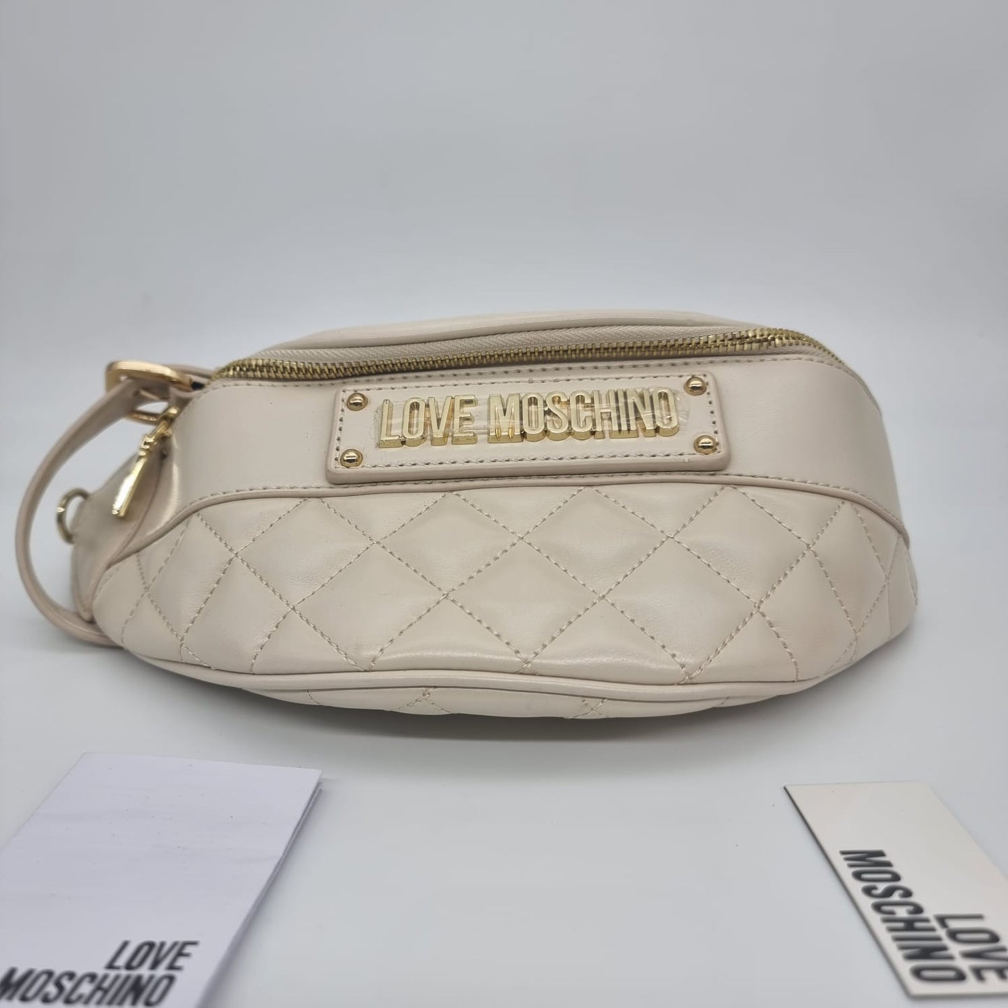 Moshino Lettering Quilted Belt Bag Ivory Size 25x15