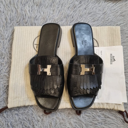 Hermes Sandale Femme Auteuil Chevre Black Size 37 insole 24.5