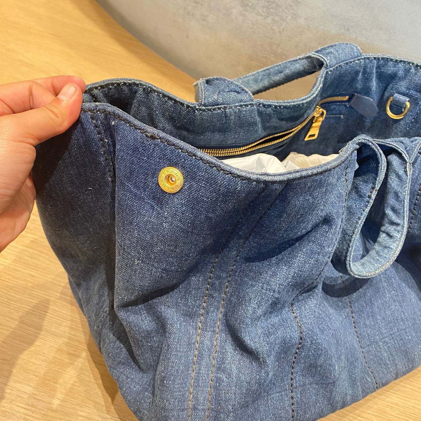 Prada Canapa Shopping Tote Blue Denim 2014 Size 40x25x25