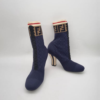 Fendi Rockoko Sock Knit Ankel Boots Navy Logo Size 38/26