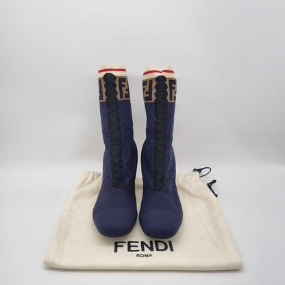 Fendi Rockoko Sock Knit Ankel Boots Navy Logo Size 38/26