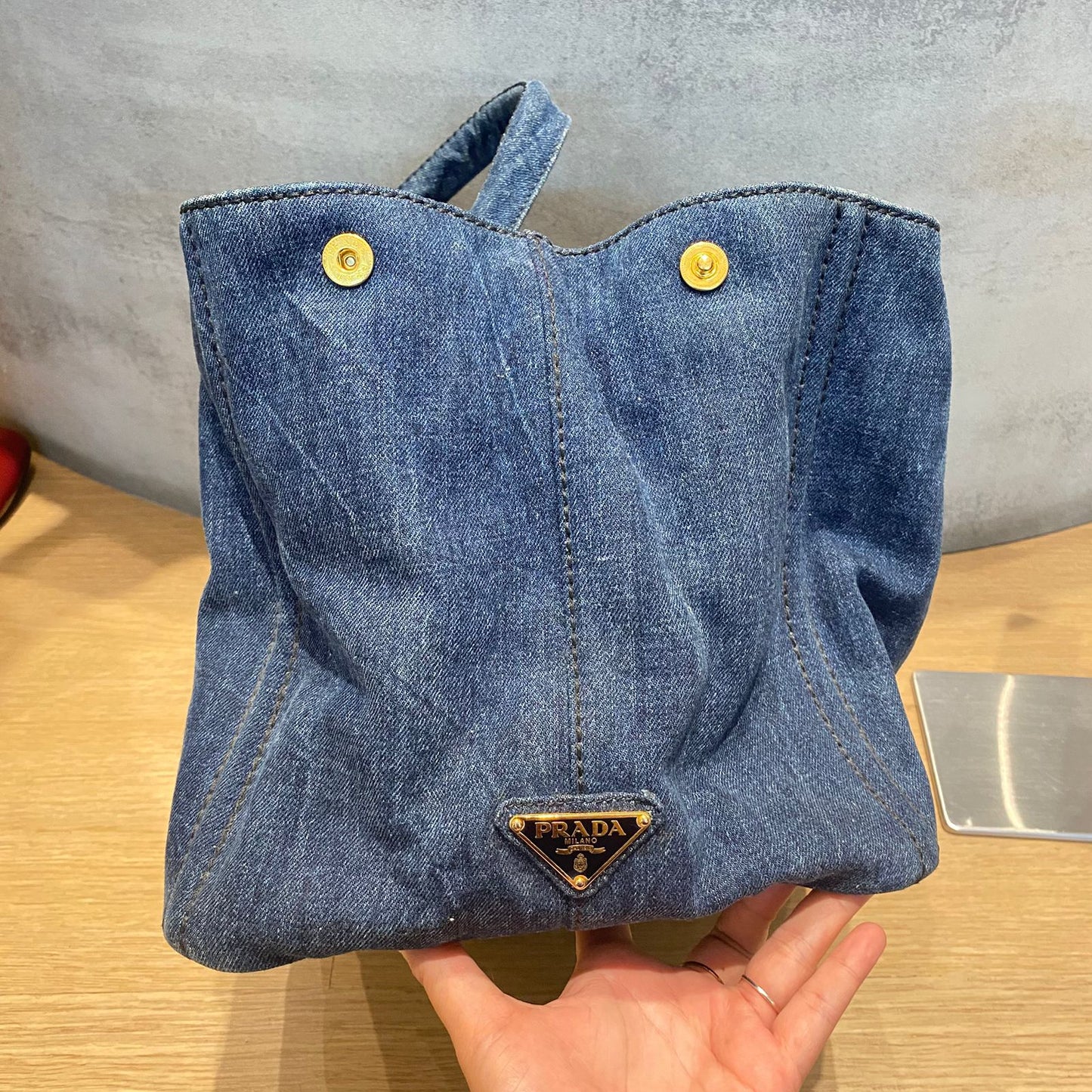 Prada Canapa Shopping Tote Blue Denim 2014 Size 40x25x25