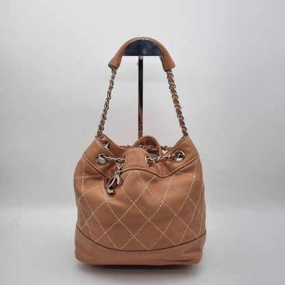 Chanel Surpique Drawstring Bag Brown #10 Size 22x13x23