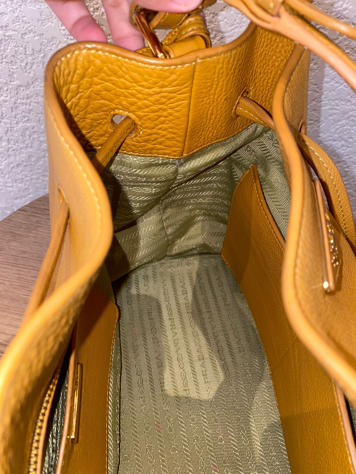 Prada Bucket Bag Leather Mustard Size 26x18x28
