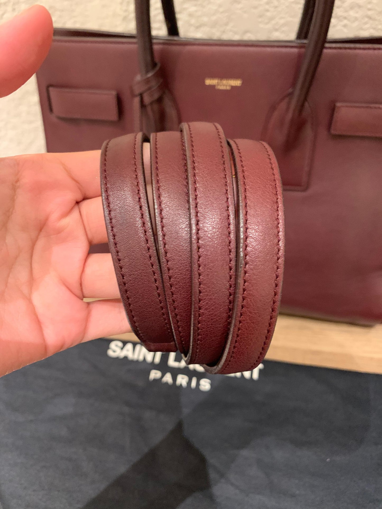 Yves Saint Laurent Sac De Jour Small Calfskin Burgundy GHW Size 32x16x23