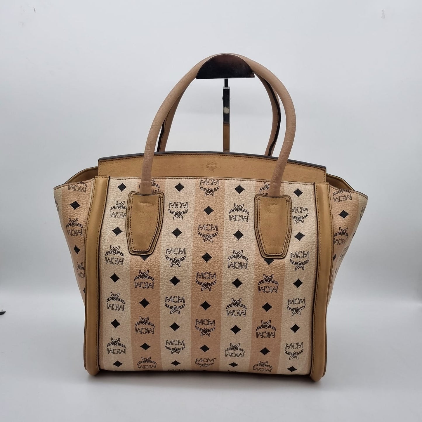 MCM Visetos Logo Leather Tote Beige Size 31x13x32