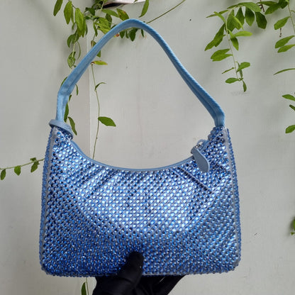 Prada Re Edition Crystal Embellished Satin Blue Size 22x6x16