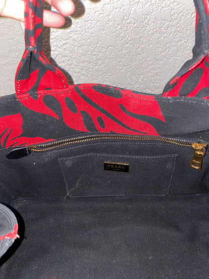 Prada Canapa Shopping Tote Floral Canvas Black Red Size 36x33x22