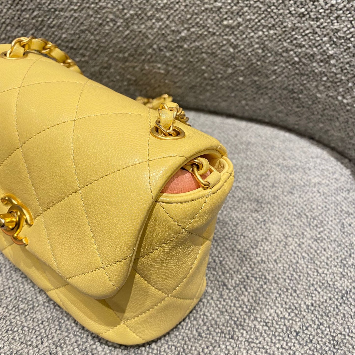 Chanel 22P Seasonal Square Mini In Light Yellow Caviar GHW CHIP Size 17x7x13