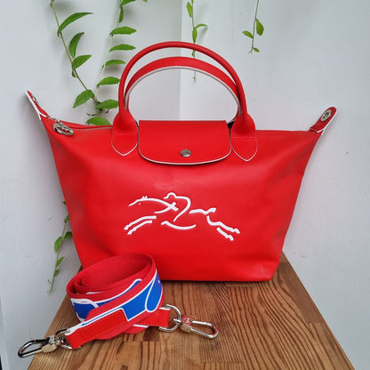 Longchamp Le Pliage Cuir Jockey Medium Short Handle Red Size 37x18x23