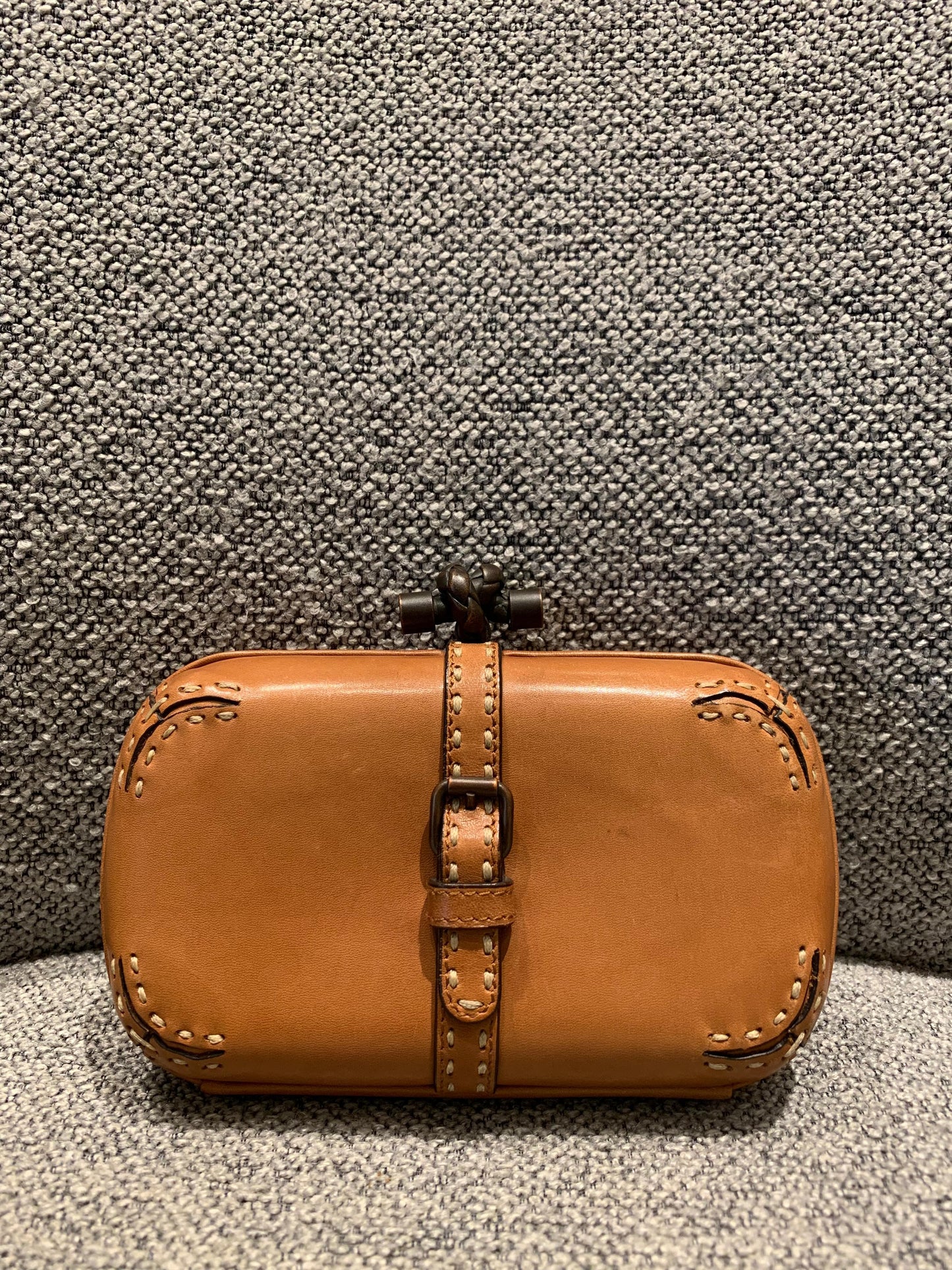 Bottega Veneta Brown Leather Stitched Pocket Knot Clutch Size 15x5x9