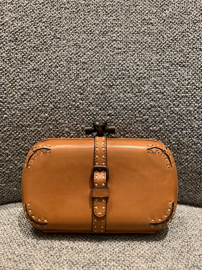 Bottega Veneta Brown Leather Stitched Pocket Knot Clutch Size 15x5x9