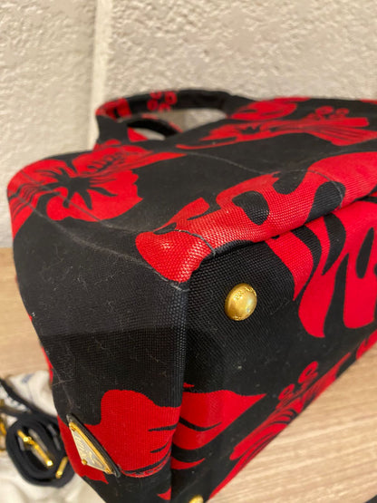 Prada Canapa Shopping Tote Floral Canvas Black Red Size 36x33x22