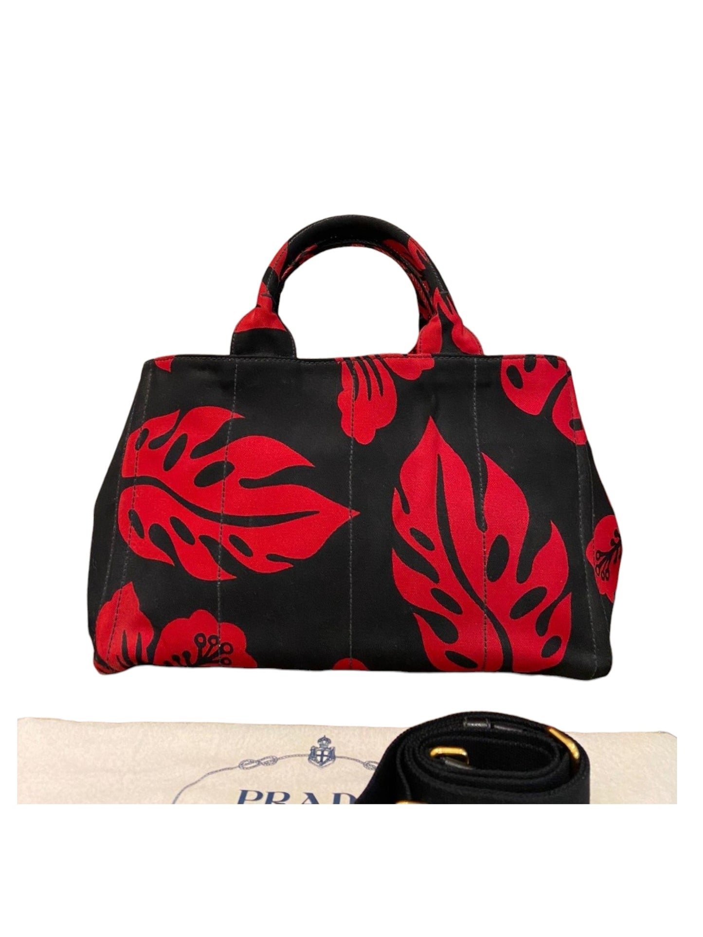 Prada Canapa Shopping Tote Floral Canvas Black Red Size 36x33x22