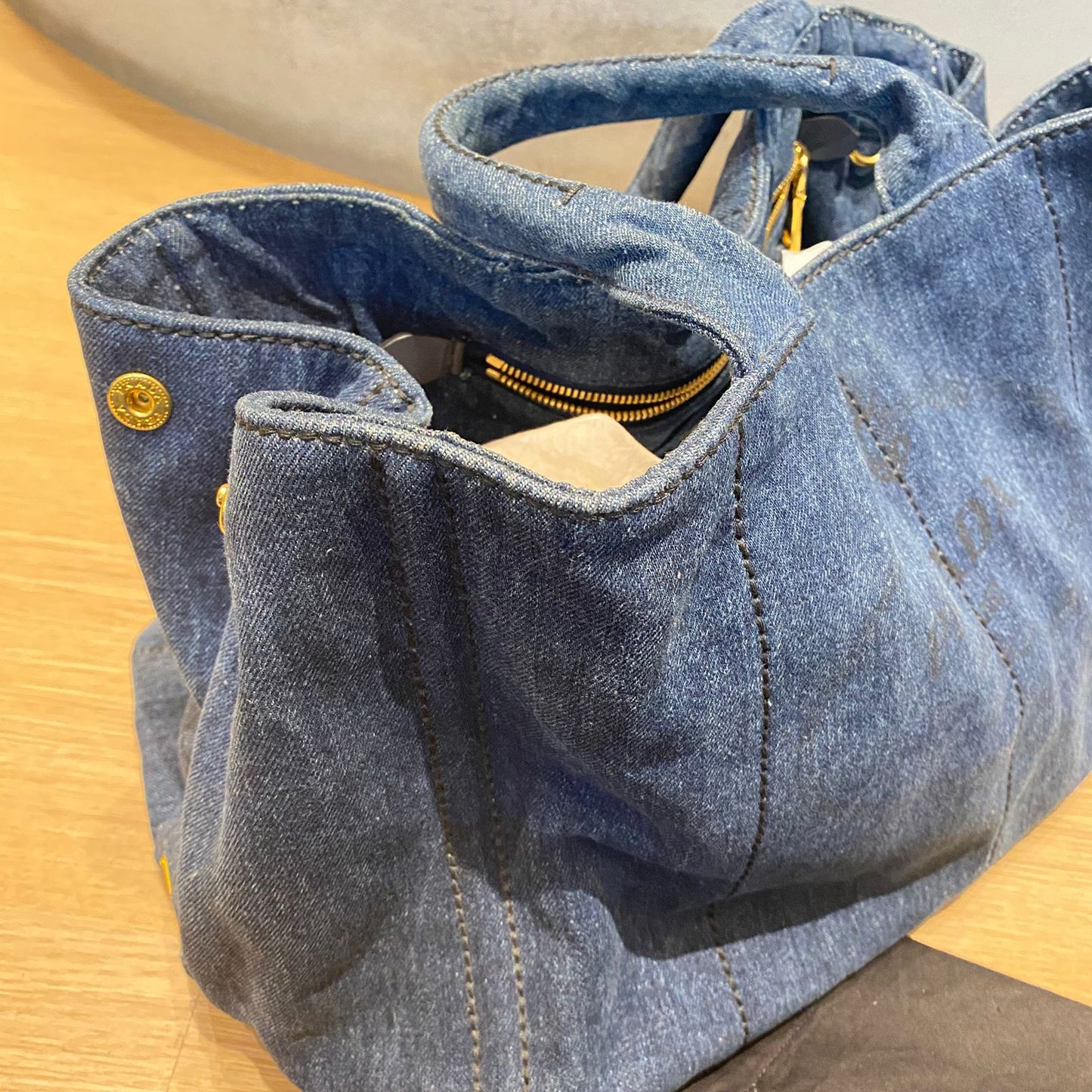 Prada Canapa Shopping Tote Blue Denim 2014 Size 40x25x25