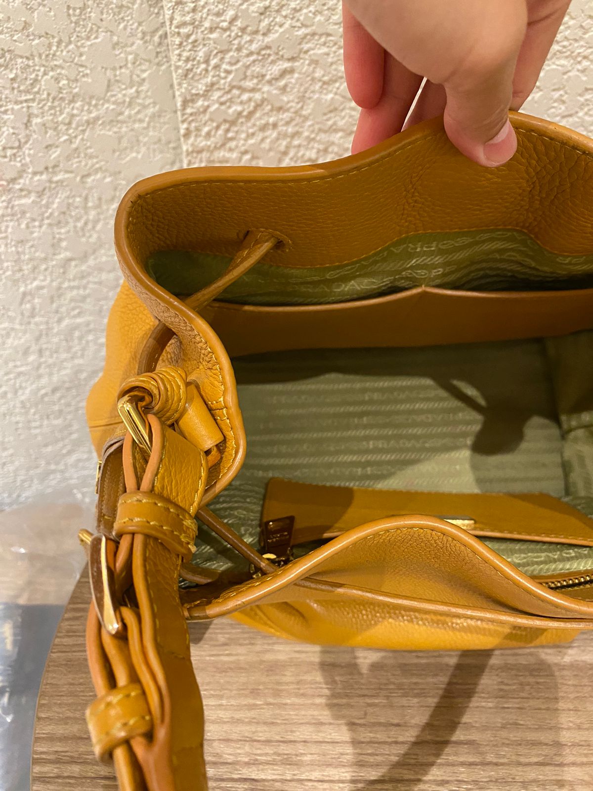 Prada Bucket Bag Leather Mustard Size 26x18x28