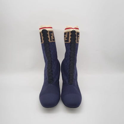 Fendi Rockoko Sock Knit Ankel Boots Navy Logo Size 38/26