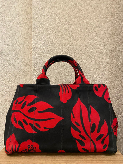 Prada Canapa Shopping Tote Floral Canvas Black Red Size 36x33x22