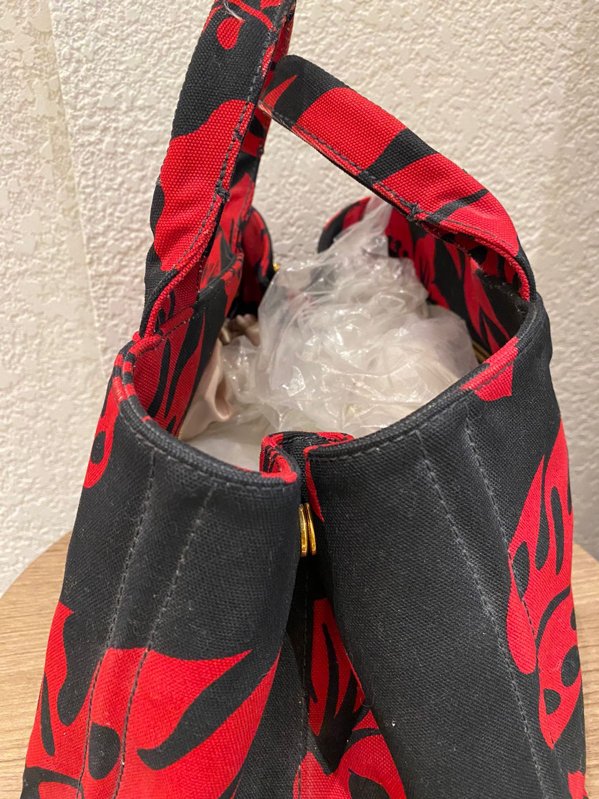 Prada Canapa Shopping Tote Floral Canvas Black Red Size 36x33x22
