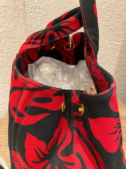 Prada Canapa Shopping Tote Floral Canvas Black Red Size 36x33x22