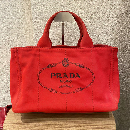 Prada Canapa Shopping Tote Canvas Red Size Size 35x23x22