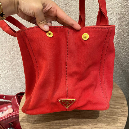 Prada Canapa Shopping Tote Canvas Red Size Size 35x23x22