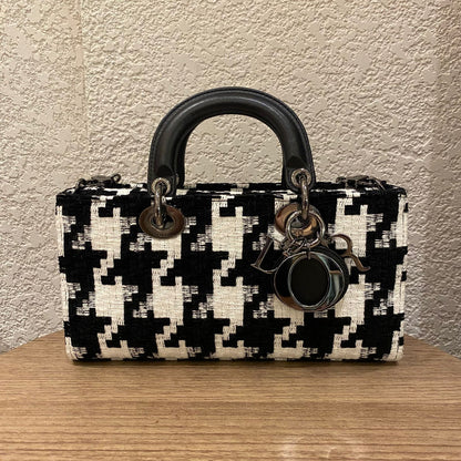 Dior Lady Dior D'joy Houndstooth Tweed Medium Black White SHW 2022 Size 26x5x14