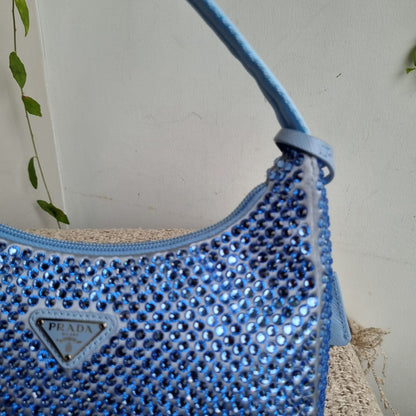 Prada Re Edition Crystal Embellished Satin Blue Size 22x6x16