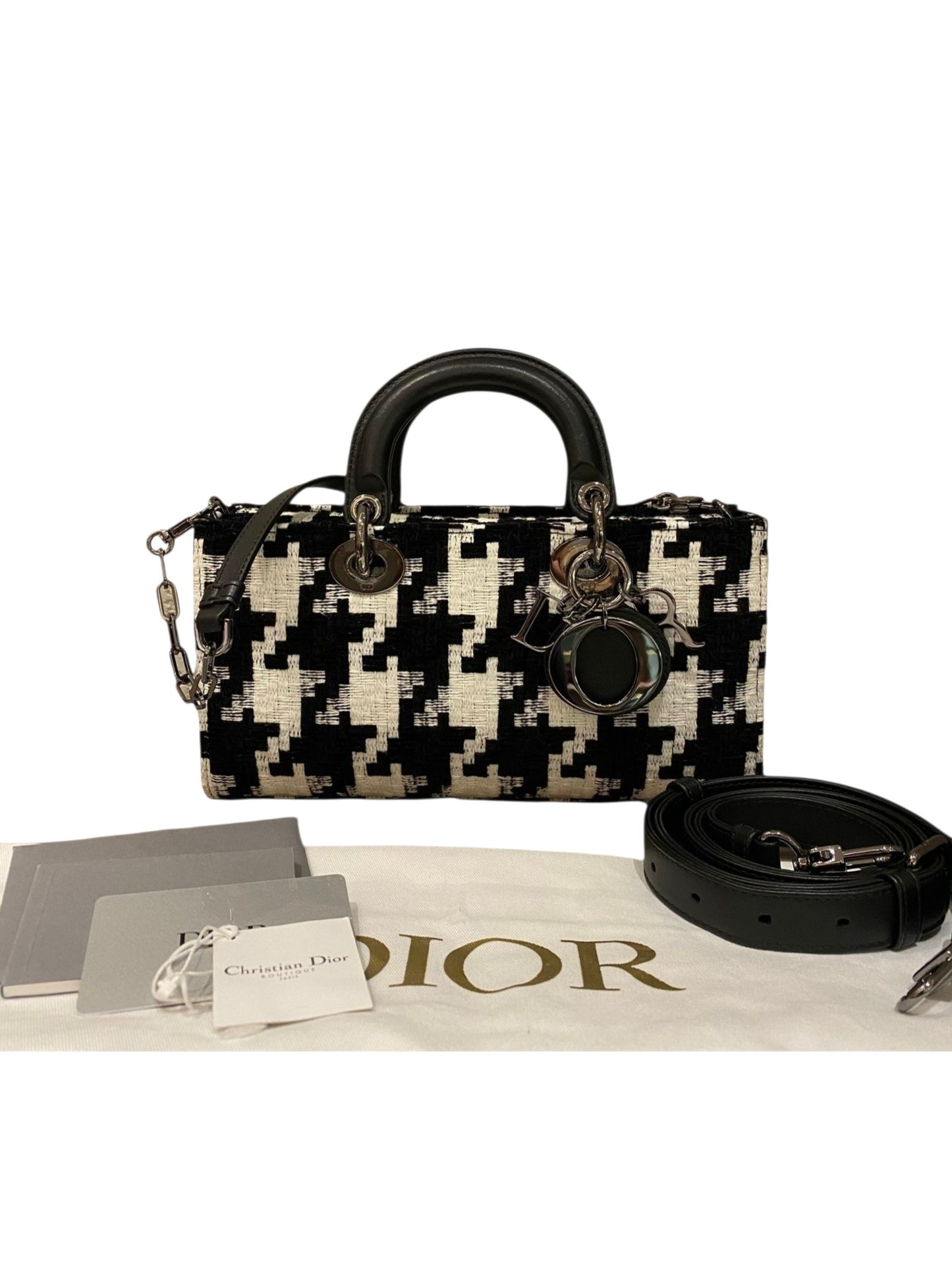 Dior Lady Dior D'joy Houndstooth Tweed Medium Black White SHW 2022 Size 26x5x14