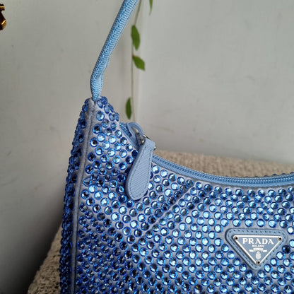 Prada Re Edition Crystal Embellished Satin Blue Size 22x6x16