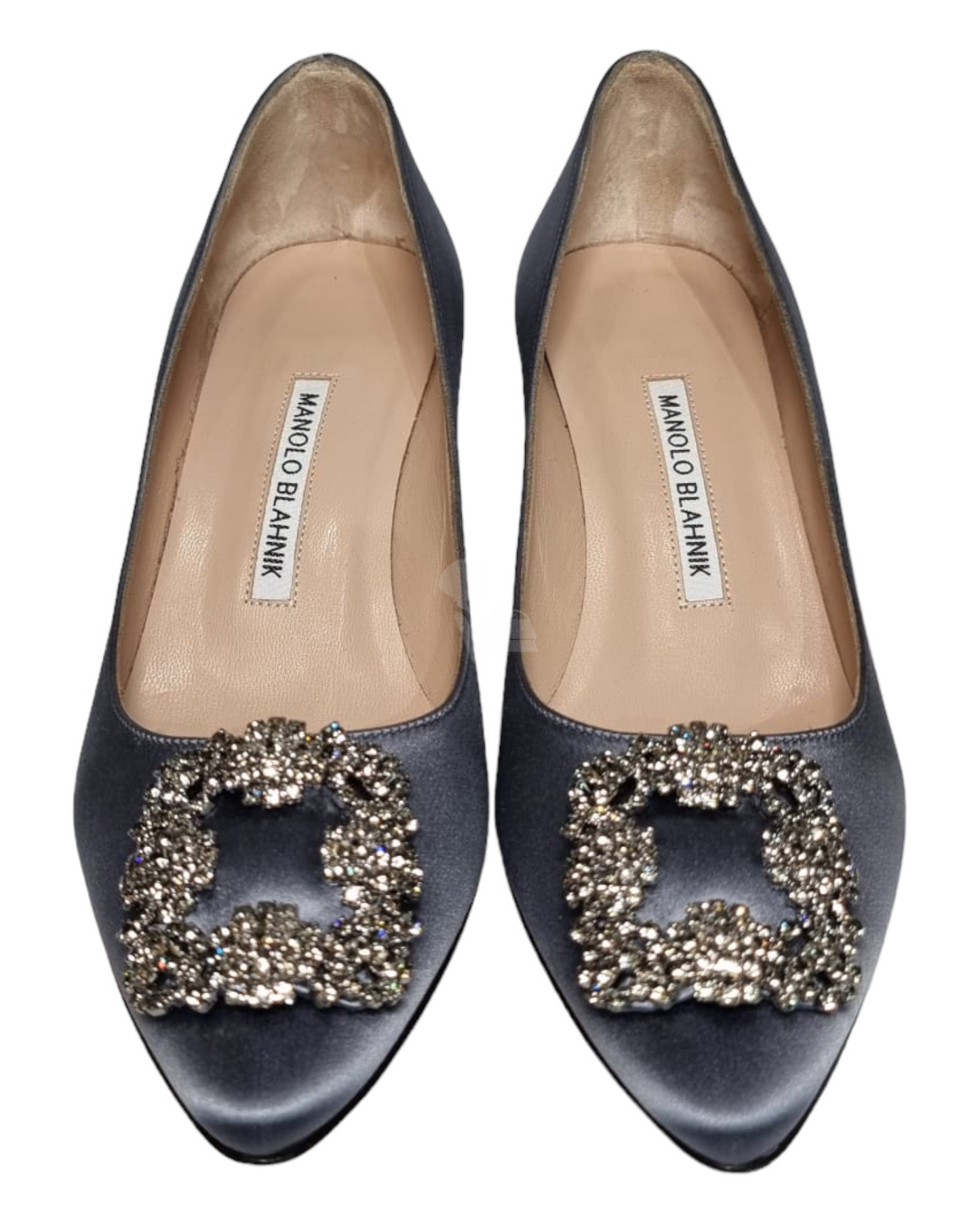 Manolo Blahnik Hangisi Navy Satin Jewelry Size 37,5/24,5