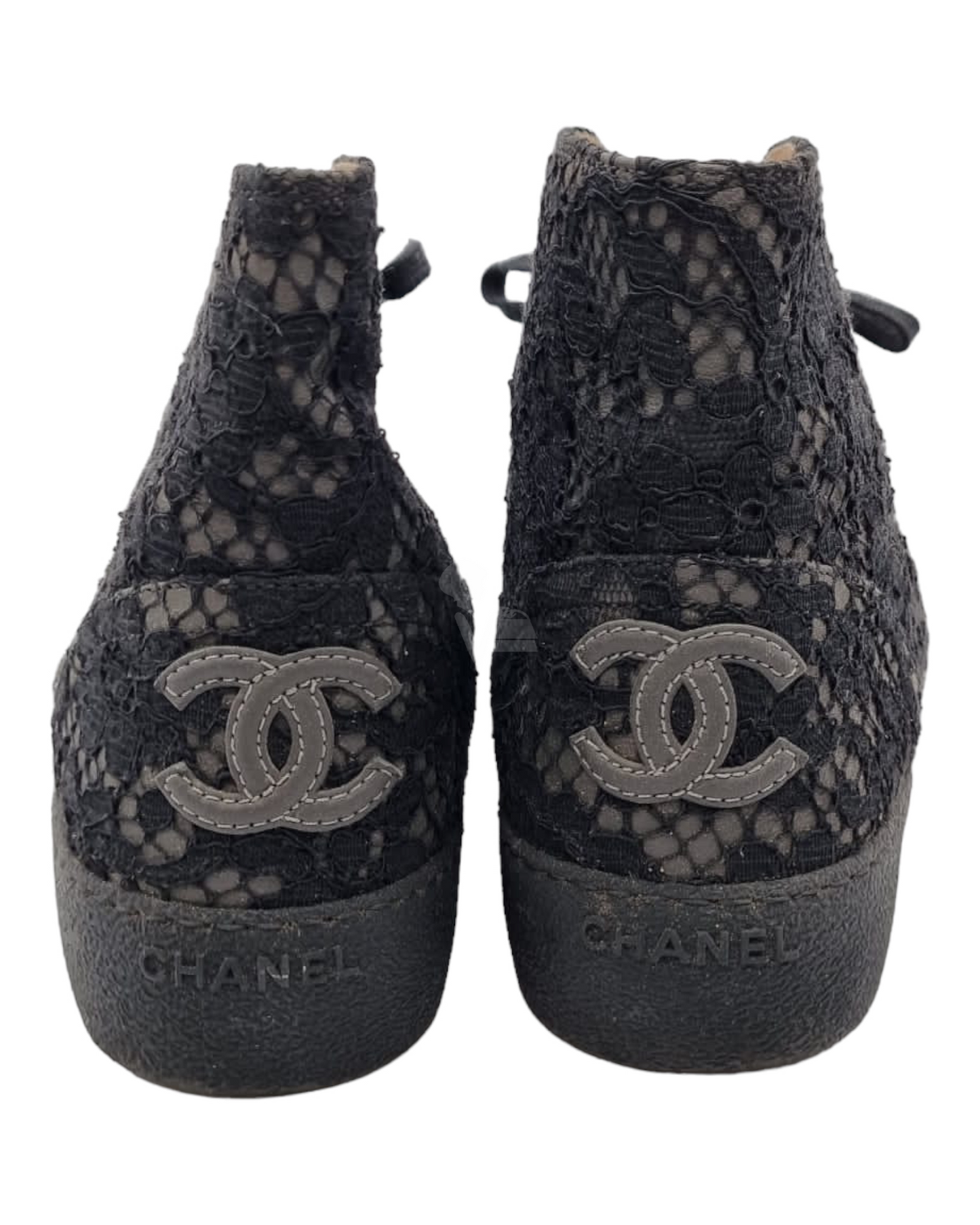 Chanel Tennis Shoes Black Cut Lace Sneakers Size 40,5