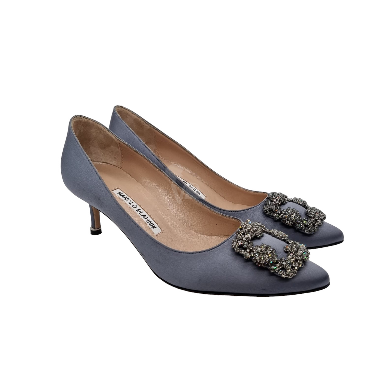 Manolo Blahnik Hangisi Navy Satin Jewelry Size 37,5/24,5