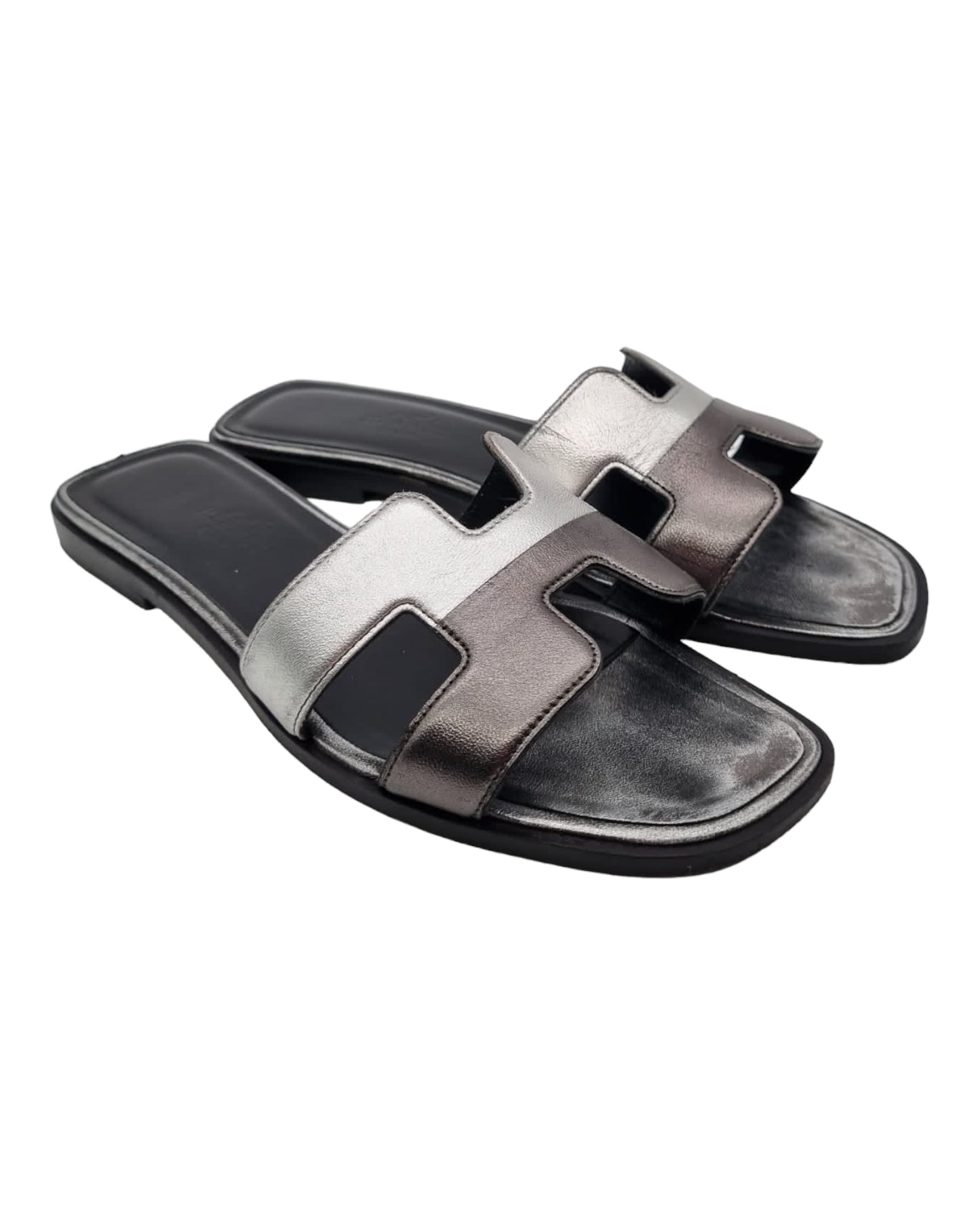 Hermes Oran Sandals Silver Black Size 35/22