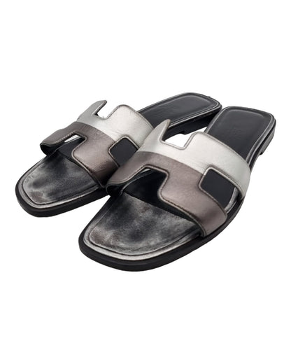 Hermes Oran Sandals Silver Black Size 35/22